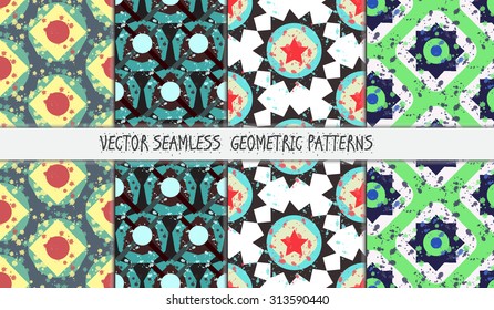 Grunge colorful geometric seamless patterns set. Vector