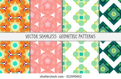 Grunge colorful geometric seamless patterns set. Vector