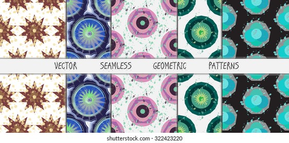 Grunge colorful geometric seamless patterns set. Vector
