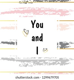 Grunge colorful hand brush stroke set with hearts and lettering. May be used for valentines card