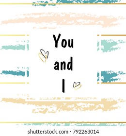 Grunge colorful hand brush stroke set with hearts and lettering. May be used for valentines card