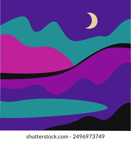 Grunge Colorful Night Landscape Vector Illustration