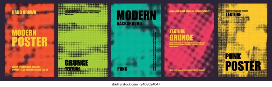 Grunge colorful poster collection with halftone texture and typography text. Hand drawn design for poster, invitation, book cover. Retro vintage background collection. Halftone pattern background.