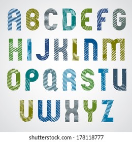 Grunge colorful rubbed upper case letters, decorative font on white background.