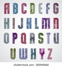 Grunge colorful rubbed upper case letters, decorative font on white background.