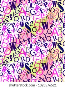 Grunge colorful seamless alphabet vector pattern. Bright repeating random letters  texture.