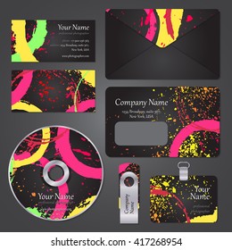 Grunge colorful splash identity template design on grey background vector illustration. Abstract template design