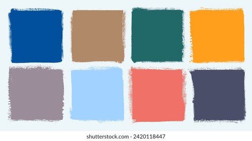 Grunge colorful square template backgrounds set. Vector painted squares or rectangular shapes. Hand drawn brush strokes on art canvas. Dirty colored grunge design borders, frames or templates for text