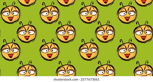 Grunge Comic Smiley Faces Seamless Pattern. Unique doodle sticker head characters. Punk graffiti emoticons in hand drawn sketch style. Perfect emoji for social media