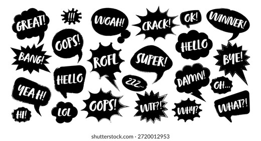Burbujas de discurso cómico de grunge con texto escrito a mano, pinceladas, manchas de tinta, manchas de acrílico o rayas de carbón. Pegatinas de dibujos animados retro dibujadas a mano. Charlando, cuadro de mensaje. Ilustración vectorial