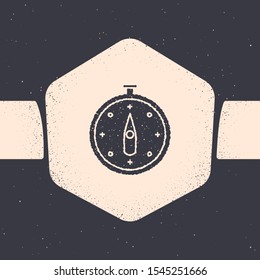 Grunge Compass icon isolated on grey background. Windrose navigation symbol. Wind rose sign. Monochrome vintage drawing. Vector Illustration