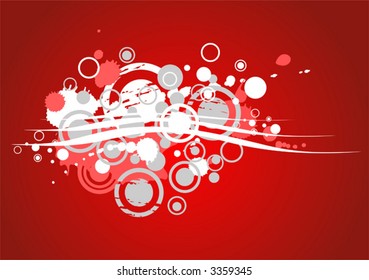 Grunge composition from circles, blots and strips on a red background.