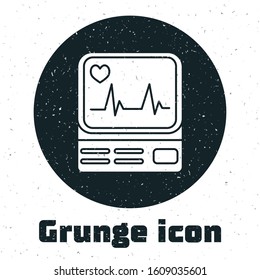 Grunge Computer monitor with cardiogram icon isolated on white background. Monitoring icon. ECG monitor with heart beat hand drawn.  Vector Illustration