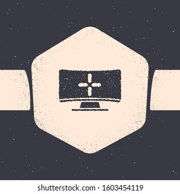 Grunge Computer monitor icon isolated on grey background. PC component sign. Monochrome vintage drawing. Vector Illustration