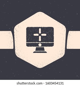 Grunge Computer monitor icon isolated on grey background. PC component sign. Monochrome vintage drawing. Vector Illustration