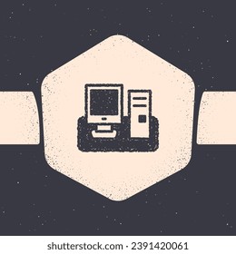 Grunge Computer monitor with keyboard and mouse icon isolated on grey background. PC component sign. Monochrome vintage drawing. Vector