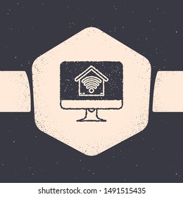 Grunge Computer monitor with smart home with wi-fi icon isolated on grey background. Remote control. Monochrome vintage drawing. Vector Illustration