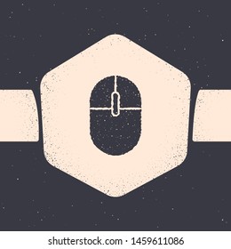 Grunge Computer mouse icon isolated on grey background. Optical with wheel symbol. Monochrome vintage drawing. Vector Illustration