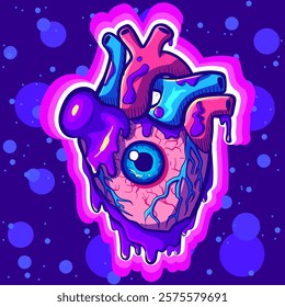 Grunge concept of a heart with an eye. Psychedelic and trippy acid organ with veins and arteries.