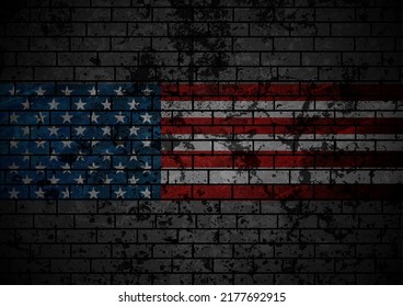 Grunge concept USA flag on black brick wall background. Vector design
