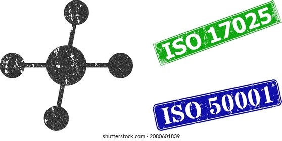 Grunge connections icon and rectangular rubber ISO 17025 seal stamp. Vector green ISO 17025 and blue ISO 50001 imprints with retro rubber texture, designed for connections illustration. svg
