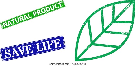 Grunge contour leaf icon and rectangle rubber Natural Product seal stamp. Vector green Natural Product and blue Save Life seals with scratched rubber texture,