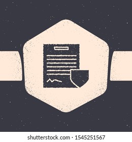 Grunge Contract with shield icon isolated on grey background. Insurance concept. Security, safety, protection, protect concept. Monochrome vintage drawing. Vector Illustration