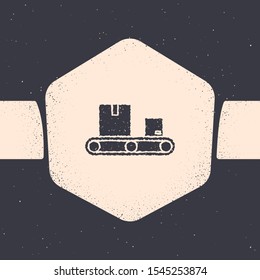 Grunge Conveyor belt with cardboard box icon isolated on grey background. Monochrome vintage drawing. Vector Illustration