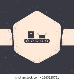 Grunge Conveyor belt with cardboard box icon isolated on grey background. Monochrome vintage drawing. Vector Illustration