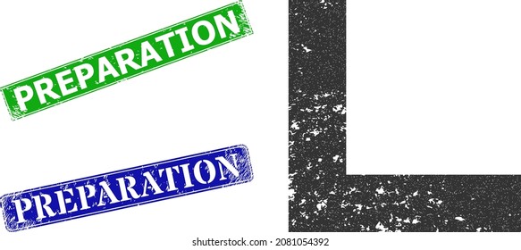 Grunge corner icon and rectangular corroded Preparation seal. Vector green Preparation and blue Preparation seals with grunge rubber texture, designed for corner illustration.