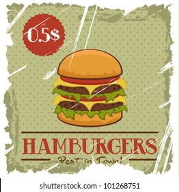 Grunge Cover for Fast Food Menu - hamburger on vintage background