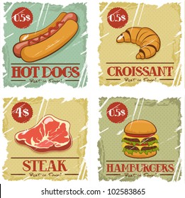 Grunge Cover for Fast Food Menu - hamburger, hot-dog, steak, croissant on vintage background