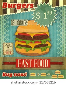 Grunge Cover for Fast Food Menu - hamburger on vintage background with place  for price and sign of free Wi-Fi- vector illustration