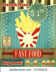 Grunge Cover For Fast Food Menu - French Fries On Vintage Background With Place  For Price - Vector Illustration