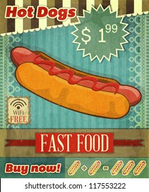 Grunge Cover for Fast Food Menu - hot dog on vintage background with place  for price and  sign of free Wi-Fi - vector illustration