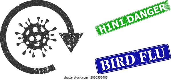 Grunge Covid Virus Update Icon And Rectangle Unclean H1N1 Danger Seal Stamp. Vector Green H1N1 Danger And Blue Bird Flu Imprints With Unclean Rubber Texture,