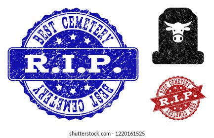 Grunge cow cemetery icon and unclean seal stamps. Vector seals with unclean rubber texture for cow cemetery illustrations.