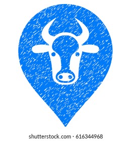 Grunge Cow Map Pointer rubber seal stamp watermark. Icon symbol with grunge design and unclean texture. Unclean vector blue sticker.
