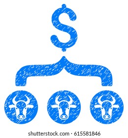 Grunge Cows Result Dollar rubber seal stamp watermark. Icon symbol with grunge design and scratched texture. Unclean vector blue sticker.