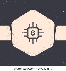 Grunge CPU mining farm icon isolated on grey background. Bitcoin sign inside processor. Cryptocurrency mining community. Digital money. Monochrome vintage drawing. Vector Illustration
