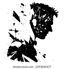 grunge crack man profile. Abstract black and white vector illustration     