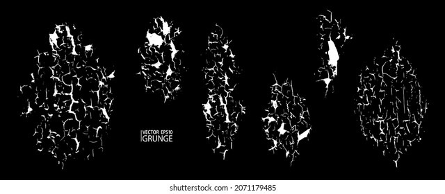 Grunge crack overlays. Dry surface textures vector set. Rough grungy collection. Highly detailed grunge. Crack old paint, dry soil texture.
