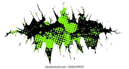 Vector de la grieta del grunge con los puntos verdes del semitono y los bordes Abstractas agudos en el fondo blanco