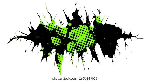 Grunge Crack Vector with Green Halftone Dots and Sharp Abstract Edges on White Background