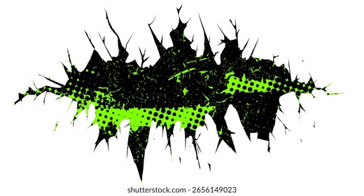 Grunge Crack Vector with Green Halftone Dots and Sharp Abstract Edges on White Background