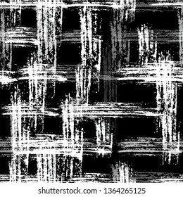 Grunge Cracked Black and White Seamless Background. Dirt Overlay Fabric Texture. Paintbrush Noisy Lines Pattern. Square Linen Print Texture.