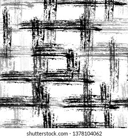 Grunge Cracked Black and White Seamless Background. Hand Drawn Textile Texture. Checkered Old Metal Background. Fashion Textile Print Design.