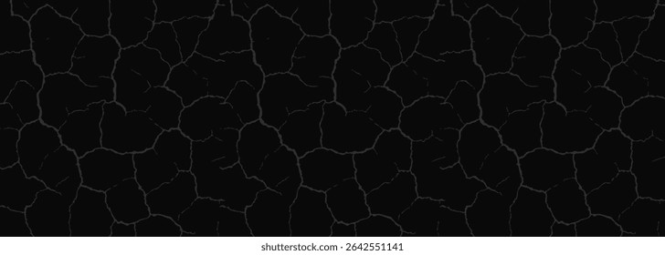 Grunge Cracked Ground Texture on Black Background. Perfect for Dark BG, Disaster Poster, Horror Design, or Earthquake Concept Art. Strong Contrast Surface. Vector Illustration