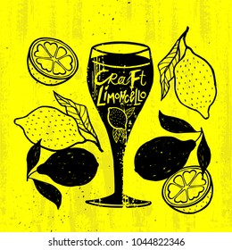 Grunge craft alcoholic cocktail concept with black full glass and lemons on yellow background isolated vector illustration