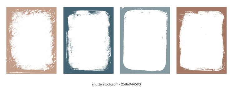 Grunge craft brown and blue frames set templates. Acrylic paint border with rough edges for poster and banner. Retro oil pastel textured overlays. Rectangular vector old taupe abstract backgrounds.